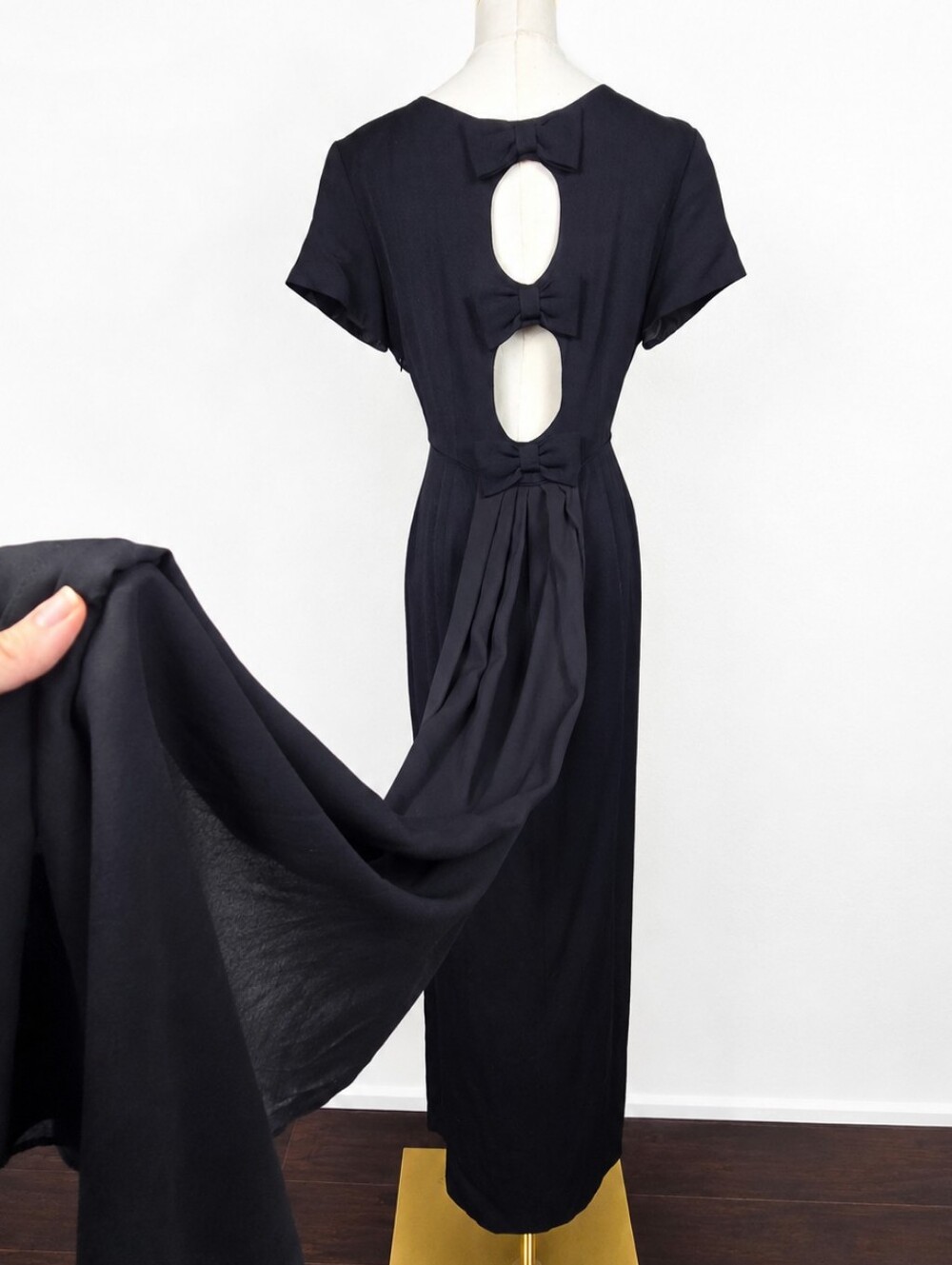 NWT Vintage 80s Jeffrey & Dara Black Bow Cutout Sash Maxi Dress Goth Glam 18